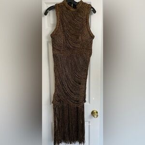 NEW Anthropologie Not So Serious Fringed Halter Dress in Metallic Bronze